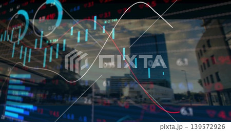 Showing transparent finance graphics overlay over downtown road, with candles, trend lines, tickers 139572926