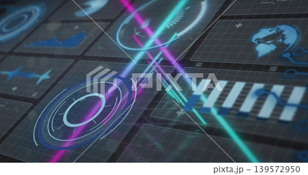 Displaying holographic HUD showing concentric rings, radial ticks on grid panel, neon beams, gauge Displaying holographic HUD showing concentric rings, radial ticks on grid panel, neon beams, gauge 139572950