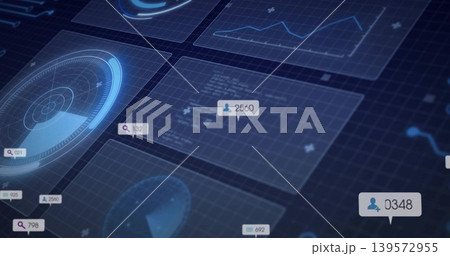 Displaying central translucent panel showing user-count 2560 on virtual dashboard, with radar gauge Displaying central translucent panel showing user-count 2560 on virtual dashboard, with radar gauge 139572955