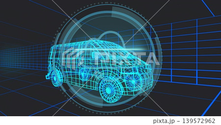 Displaying cyan wireframe passenger van model in dark virtual simulation, with HUD rings and grid Displaying cyan wireframe passenger van model in dark virtual simulation, with HUD rings and grid 139572962