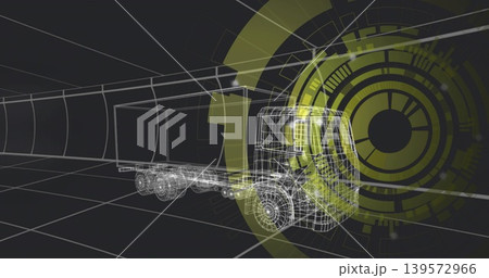 Rotating wireframe semi-truck showing wheel and chassis topology over grid floor, HUD overlays 139572966