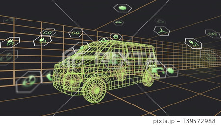 Glowing neon wireframe van moving through orange grid tunnel, with CO2 plug leaf icons Glowing neon wireframe van moving through orange grid tunnel, with CO2 plug leaf icons 139572988