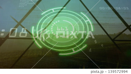 Displaying neon green HUD overlaying farmland at dusk, with pylons, geometric frame, timecode 139572994