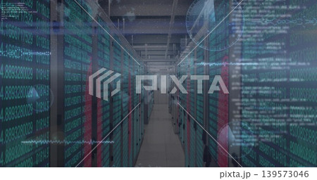 Showing central aisle of server racks with cable trays, teal LEDs, raised tiles and code overlays Showing central aisle of server racks with cable trays, teal LEDs, raised tiles and code overlays 139573046