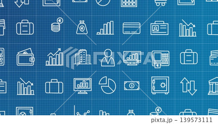 Displaying centered repeating white business icons on blue grid, showing charts, wallet, coins Displaying centered repeating white business icons on blue grid, showing charts, wallet, coins 139573111