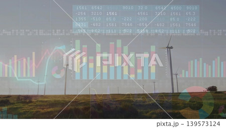 Rotating wind turbines showing chart overlays over rural wind farm, with grassy vegetation Rotating wind turbines showing chart overlays over rural wind farm, with grassy vegetation 139573124