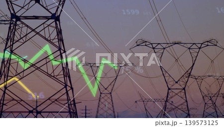 Framing steel lattice pylons, sagging wires and insulators at dusk, with green yellow overlays Framing steel lattice pylons, sagging wires and insulators at dusk, with green yellow overlays 139573125