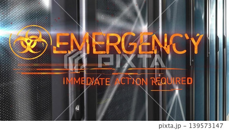 Displaying bright orange emergency HUD overlay over server racks in server room, showing biohazard 139573147