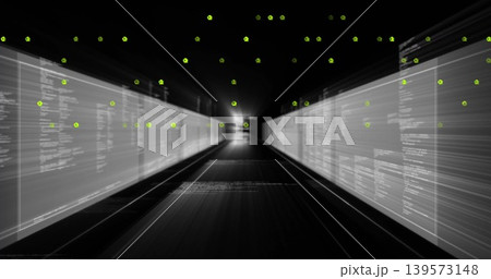 Leading digital corridor drawing eye to bright vanishing point in data tunnel, with code panels Leading digital corridor drawing eye to bright vanishing point in data tunnel, with code panels 139573148