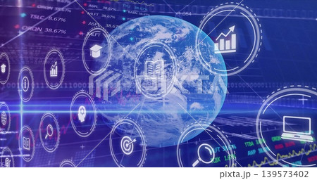 Rotating 3D Earth globe displaying circular UI icons, stock tickers, graphs in virtual dashboard Rotating 3D Earth globe displaying circular UI icons, stock tickers, graphs in virtual dashboard 139573402