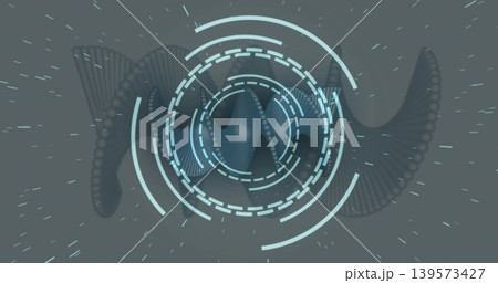 Rotating concentric HUD rings forming virtual interface at center, showing beaded helical ribbon 139573427