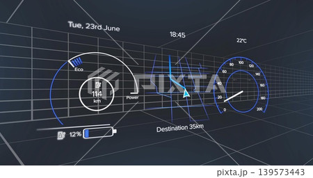 Projecting digital vehicle HUD over wireframe 3D grid, showing range 114 km, Destination 35km arrow 139573443