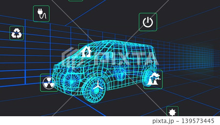 Rendering wireframe 3D van model within virtual grid tunnel, showing floating feature icons Rendering wireframe 3D van model within virtual grid tunnel, showing floating feature icons 139573445