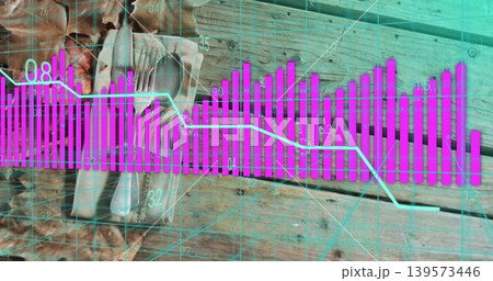 Displaying magenta bar chart overlaying rustic table, showing cyan trend line, cutlery, walnuts Displaying magenta bar chart overlaying rustic table, showing cyan trend line, cutlery, walnuts 139573446