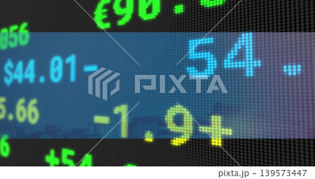 Flashing dot-matrix LED ticker showing large colored digits on city facade, with currency signs Flashing dot-matrix LED ticker showing large colored digits on city facade, with currency signs 139573447