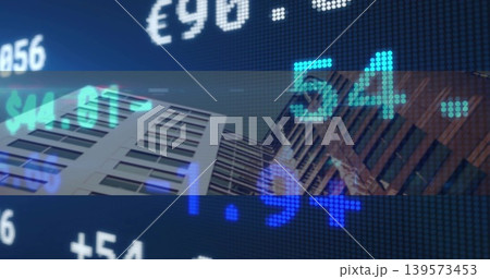 Framing pair high-rise office towers through semi-transparent band, pixelated ticker showing 54€ $ Framing pair high-rise office towers through semi-transparent band, pixelated ticker showing 54€ $ 139573453