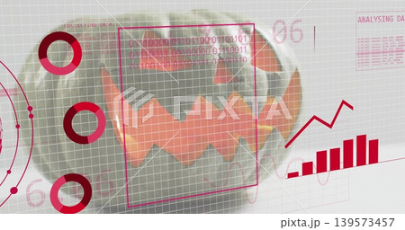 Displaying carved pumpkin glowing on white table with grid overlay, magenta focus frame, red charts Displaying carved pumpkin glowing on white table with grid overlay, magenta focus frame, red charts 139573457