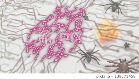 Glowing neon-pink brainlike circuit pattern hovering over hex grid, with spiders and pumpkin cube 139573459