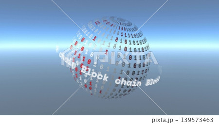 Rotating binary-digit sphere hovering in virtual 3D space, showing moving Block chain ribbon Rotating binary-digit sphere hovering in virtual 3D space, showing moving Block chain ribbon 139573463