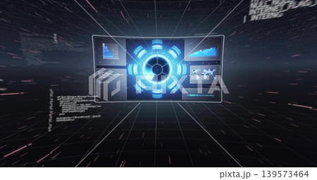 Floating holographic control panel rotating in dark 3D grid, showing blue hub and info panels 139573464