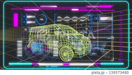 Displaying wireframe 3D SUV scanning on virtual HUD with wheel schematics, progress rings Displaying wireframe 3D SUV scanning on virtual HUD with wheel schematics, progress rings 139573480