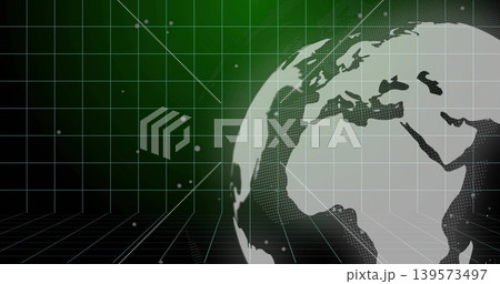 Showing halftone globe occupying right foreground on perspective grid with green wash and data dots Showing halftone globe occupying right foreground on perspective grid with green wash and data dots 139573497