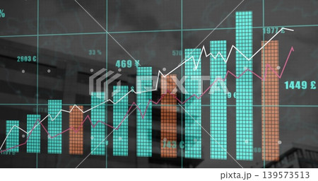 Displaying chart with turquoise orange bars white magenta lines yen pound labels on glass 139573513