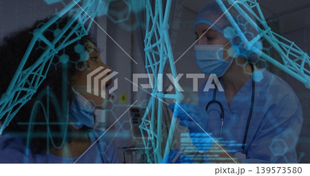 Swabbing clinician in blue scrubs mask gloves swabbing seated patient at clinic, with cyan overlay Swabbing clinician in blue scrubs mask gloves swabbing seated patient at clinic, with cyan overlay 139573580