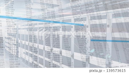 Displaying bank of server racks overlaying log columns in server room aisle, LED lights glowing Displaying bank of server racks overlaying log columns in server room aisle, LED lights glowing 139573615