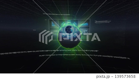 Rotating holographic interface hovering in virtual void, displaying circular core, data widgets Rotating holographic interface hovering in virtual void, displaying circular core, data widgets 139573658