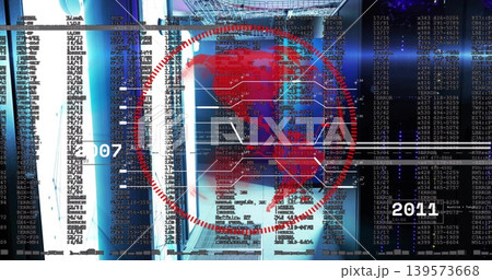 Displaying red North America map inside dashed ring in data center, showing nodes, code, 2007 2011 139573668