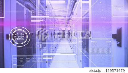 Stretching centered aisle of server racks glowing with status LEDs and HUD overlays at data center 139573679