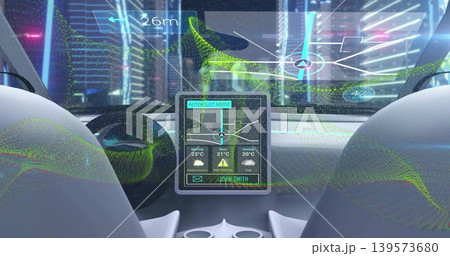 Projecting HUD while holo sensors sweeping glass in car cockpit nighttime, tablet showing AUTOPILOT 139573680