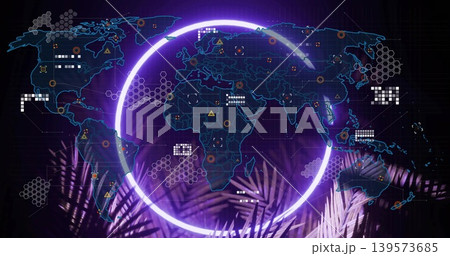 Hovering violet ring encircling neon-blue world map in holo UI, showing palm fronds and data nodes Hovering violet ring encircling neon-blue world map in holo UI, showing palm fronds and data nodes 139573685