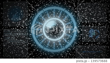Glowing blue HUD dominating console, showing sphere, rings, radial markers, code-left, particles Glowing blue HUD dominating console, showing sphere, rings, radial markers, code-left, particles 139573688