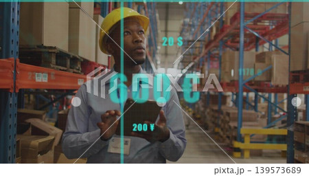 Checking tablet, worker with yellow hard hat, blue shirt in pallet racked aisle, viewing AR data Checking tablet, worker with yellow hard hat, blue shirt in pallet racked aisle, viewing AR data 139573689