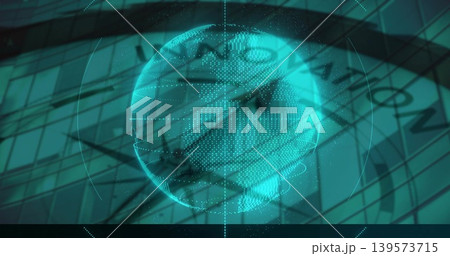 Showing turquoise hologram globe hovering over glass building, displaying reticles, compass marks Showing turquoise hologram globe hovering over glass building, displaying reticles, compass marks 139573715