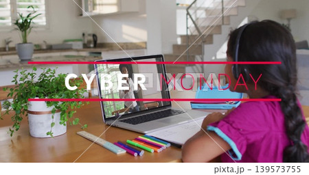 Studying girl wearing magenta shirt headset using laptop at kitchen table, CYBER MONDAY, copy space Studying girl wearing magenta shirt headset using laptop at kitchen table, CYBER MONDAY, copy space 139573755
