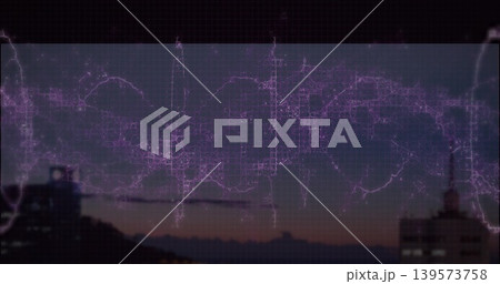 Showing centered overlay over dusk skyline showing violet vein lines above dark buildings and ridge Showing centered overlay over dusk skyline showing violet vein lines above dark buildings and ridge 139573758
