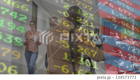 Walking man in tan jacket with backpack through office hall, with tablet, coffee, market overlay Walking man in tan jacket with backpack through office hall, with tablet, coffee, market overlay 139573771