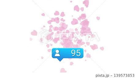Floating blue alert badge tail showing white user-silhouette 95 on white canvas, rising pink hearts Floating blue alert badge tail showing white user-silhouette 95 on white canvas, rising pink hearts 139573853