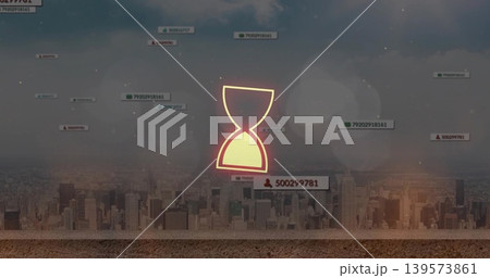 Glowing hourglass icon hovering above rooftop overlooking city skyline, with floating data labels Glowing hourglass icon hovering above rooftop overlooking city skyline, with floating data labels 139573861