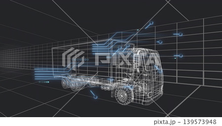 Displaying wireframe truck with wheels, axles rotating inside 3D model grid, neonblue streams 139573948