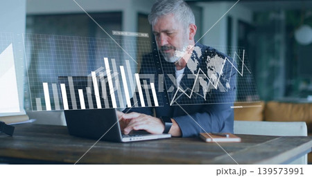 Analyzing senior man wearing blazer, watch, working on laptop with digital charts and phone at home 139573991