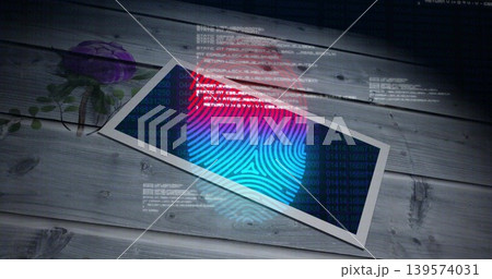 Displaying white print diagonal on wooden planks, showing blue-pink fingerprint, code, purple rose Displaying white print diagonal on wooden planks, showing blue-pink fingerprint, code, purple rose 139574031