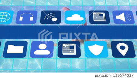 Floating adult female in swimsuit lifting arm in swimming pool, with blue-app-icons, dark-blue bar Floating adult female in swimsuit lifting arm in swimming pool, with blue-app-icons, dark-blue bar 139574037