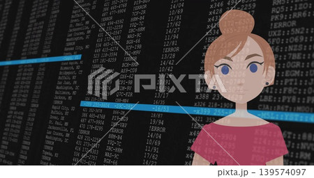 Showing flat female avatar wearing pink-top overlaying data log with rows and blue bars, copy space 139574097