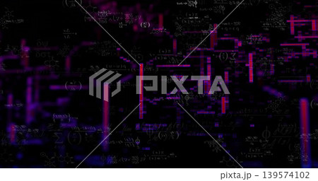 Displaying centered holographic data panel in dark digital field, showing equations and neon bars Displaying centered holographic data panel in dark digital field, showing equations and neon bars 139574102