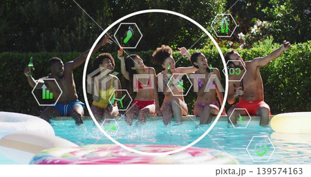 Sitting six adults in swimwear at backyard pool, holding green bottles, taking-selfie with hexagons 139574163