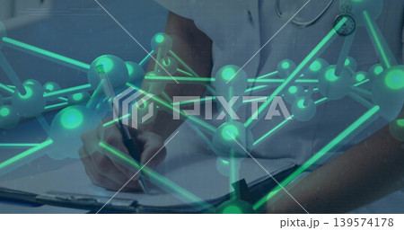 Writing female in white coat and stethoscope at clinic, marking clipboard with pen, network overlay Writing female in white coat and stethoscope at clinic, marking clipboard with pen, network overlay 139574178